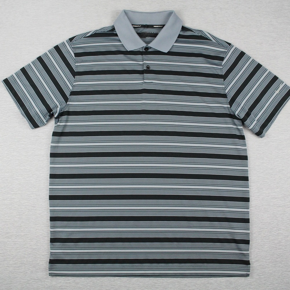 Nike Golf Polo Shirt Mens L Blue Black Striped Dri-Fit Tour Performance